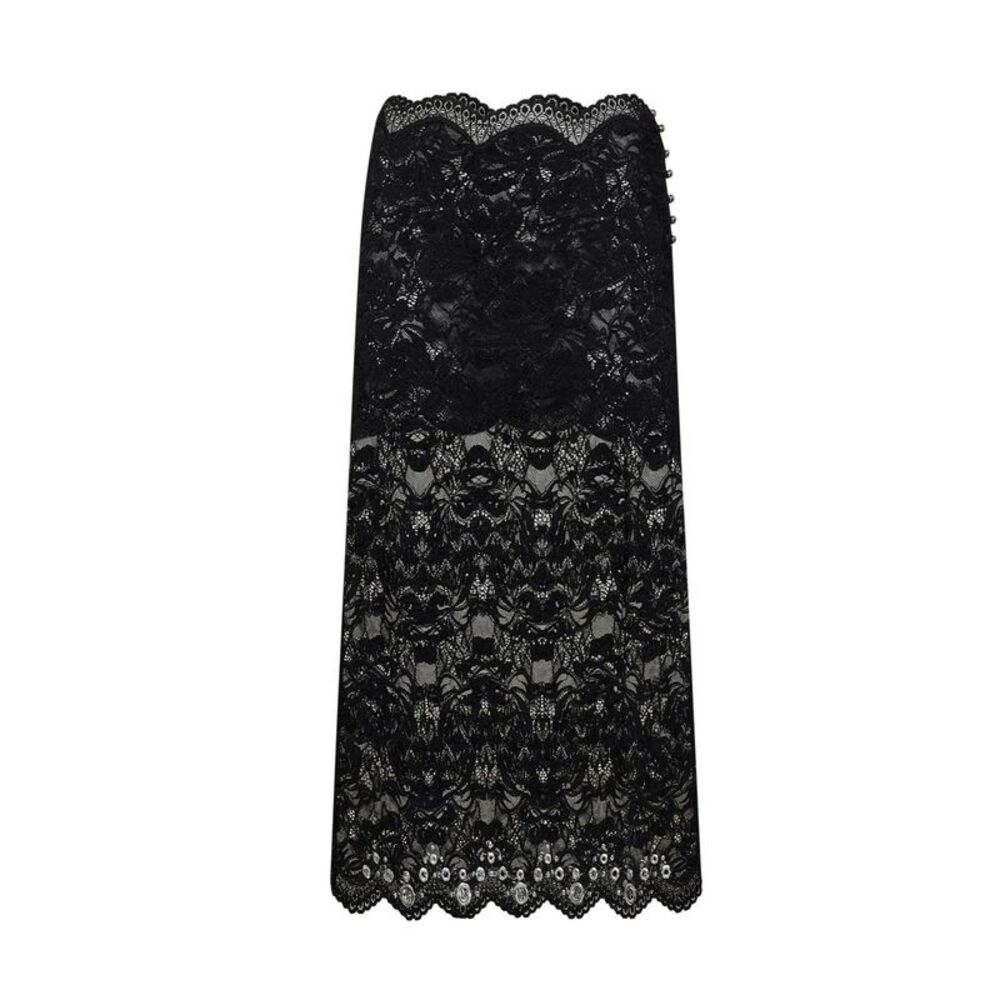 Rabanne Women Black Layered Stretch Lace Midi Skirt